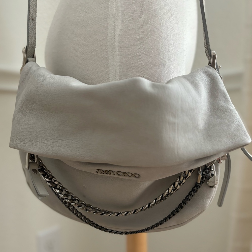 Jimmy Choo Light Gray Leather Crossbody Bag with Chain Detail